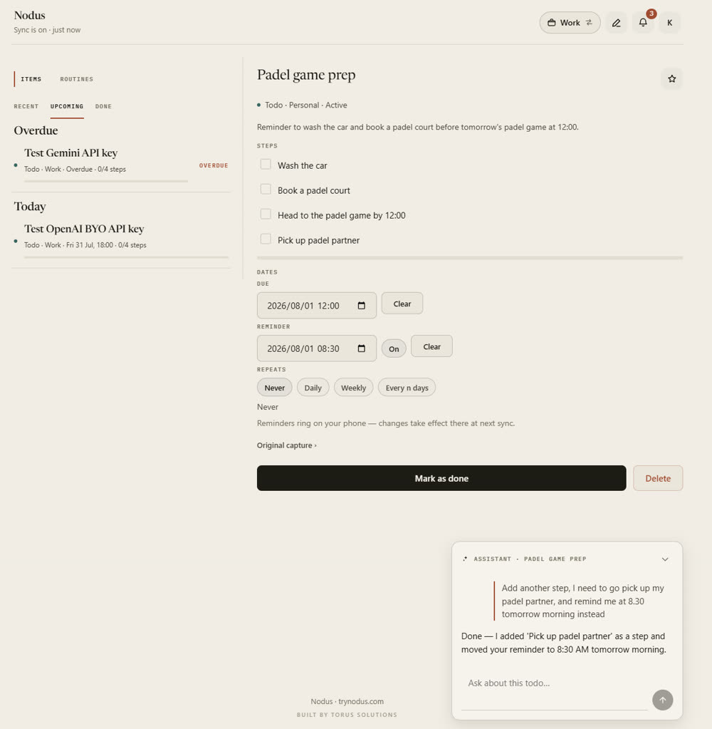 Nodus in Paper on app.trynodus.com — the item list, an open item, and its assistant, all in one view