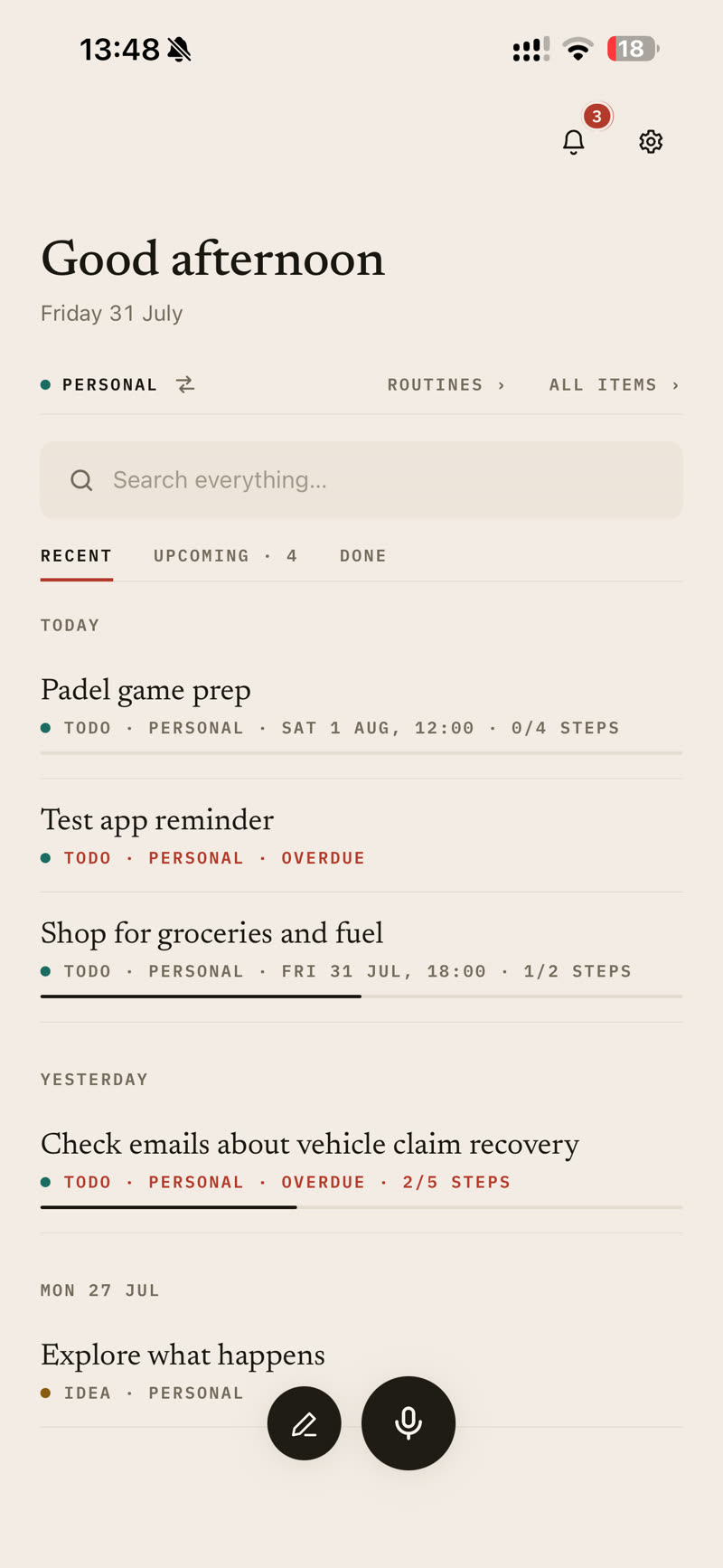 The Nodus home screen in Paper — a warm eggshell list of today's items