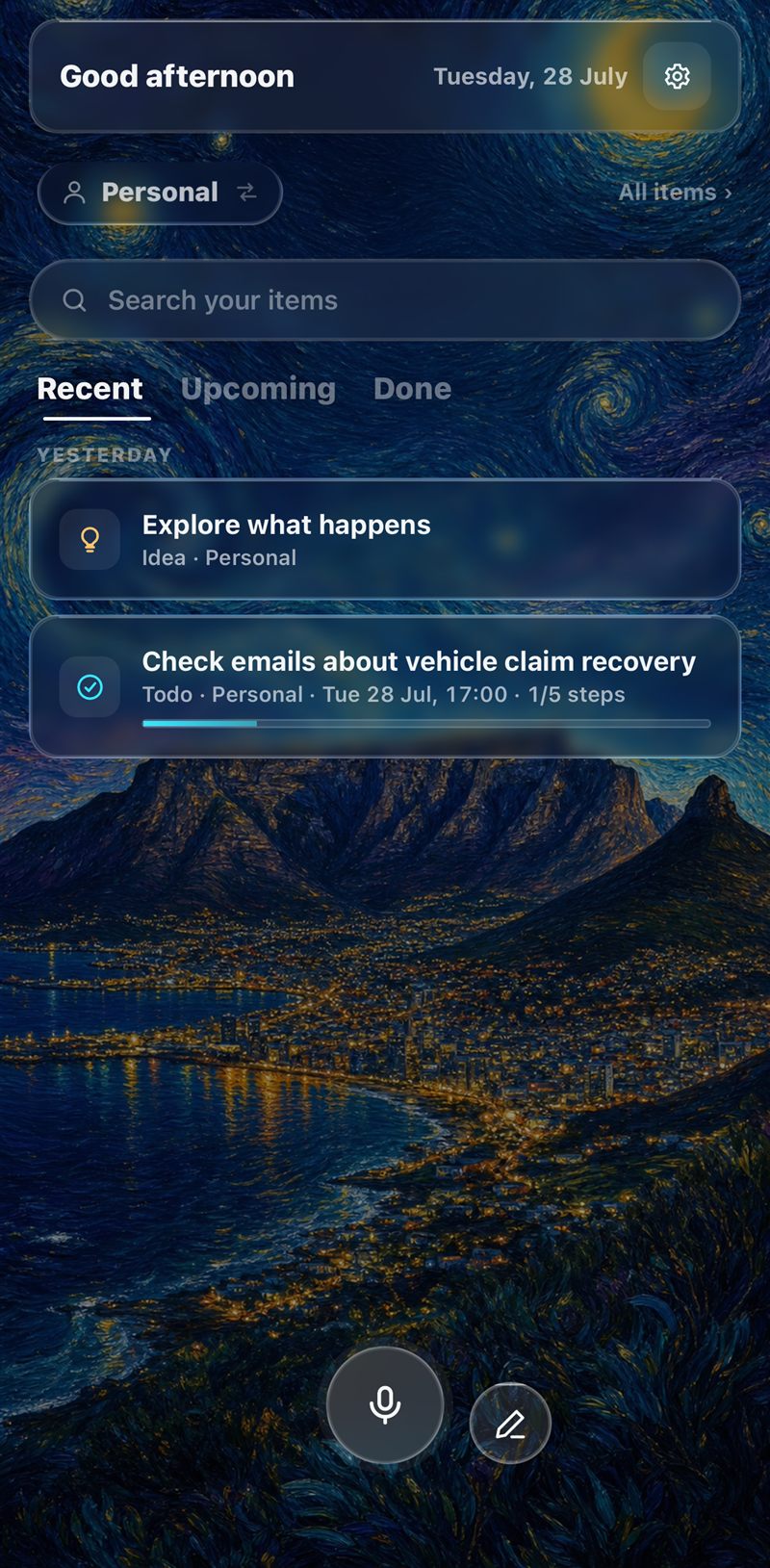 The Nodus home screen, with the capture button at the bottom