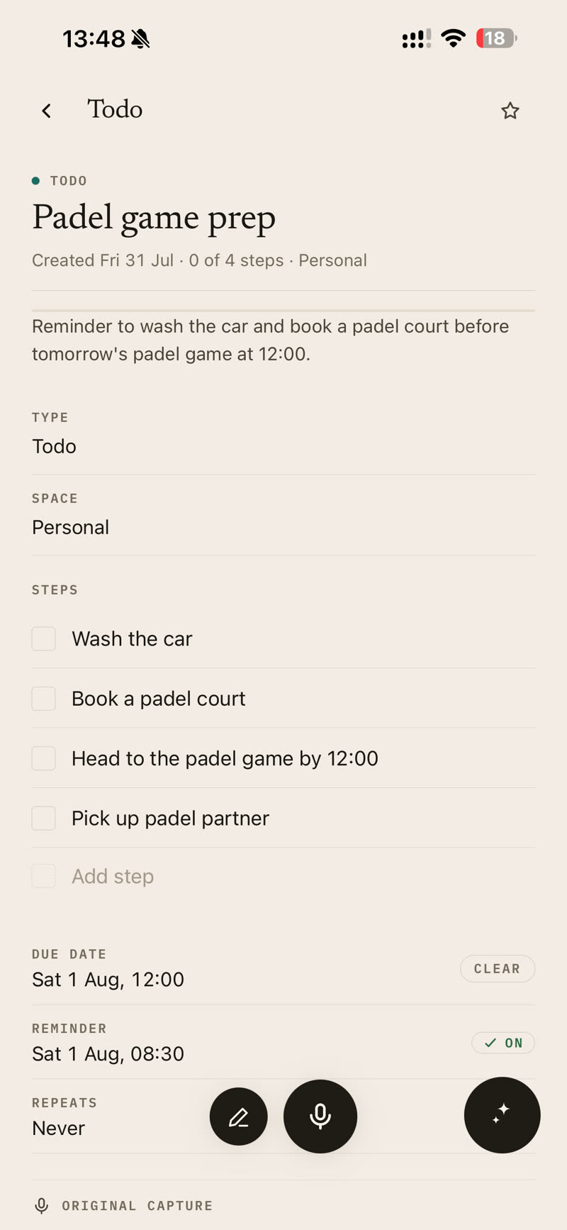 A Nodus item in Paper — steps, due date and reminder set as a ruled page