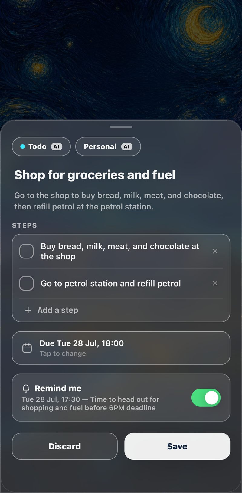 The AI-proposed plan — steps, due date and reminder — ready to save in one tap